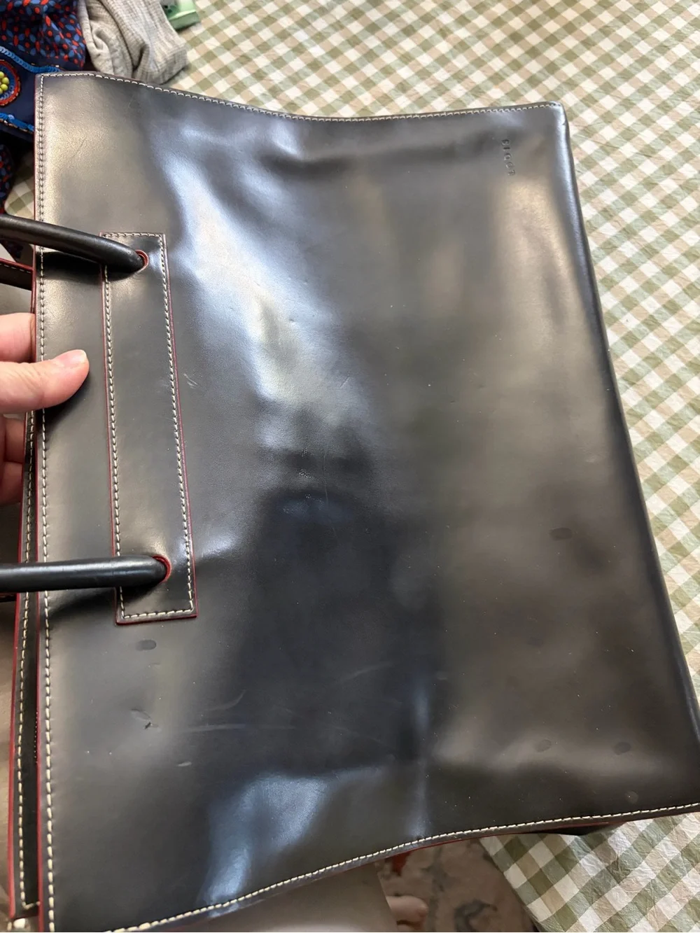 Lodis Black Leather Laptop Tote with Red Piping